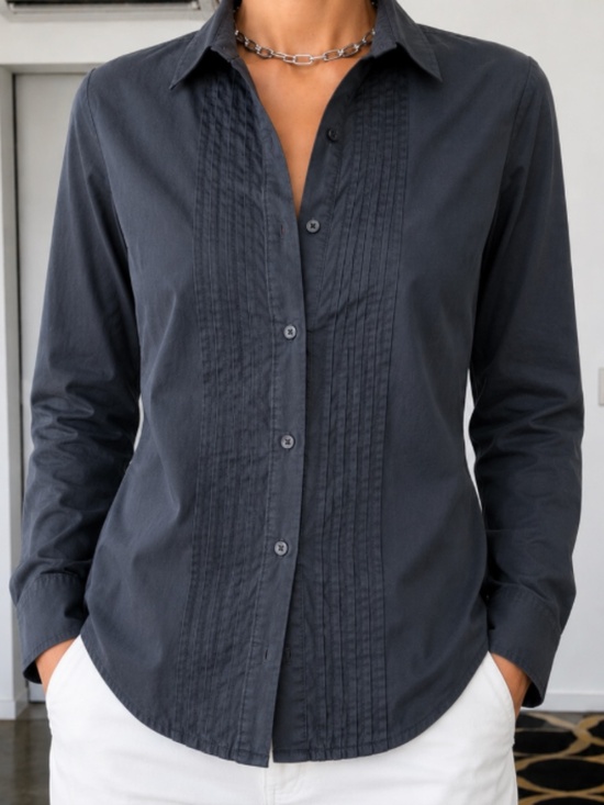 Uniqlo Tops - Uniqlo Navy Supina Cotton Tuxedo Shirt with Collar Size S